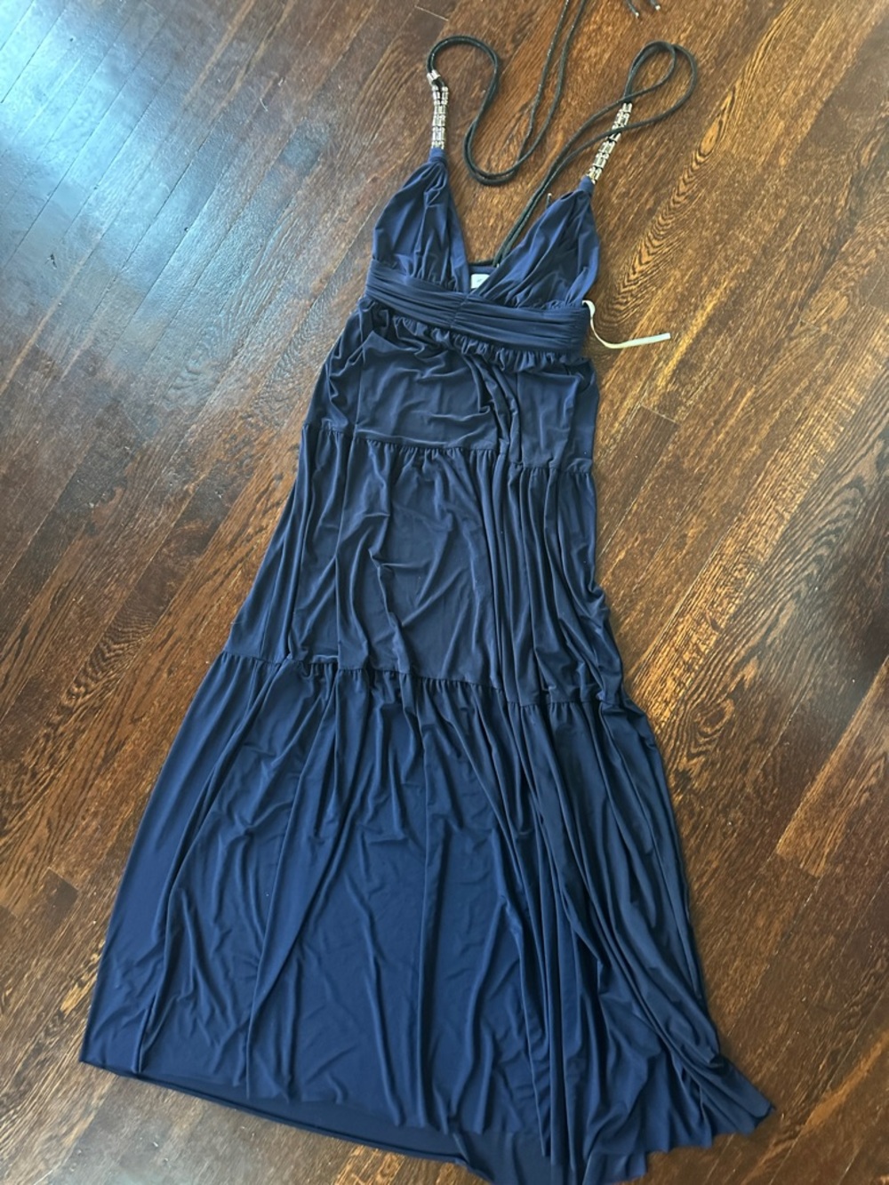 Navy Sleeveless V-Neck Maxi Dress with Beaded Straps